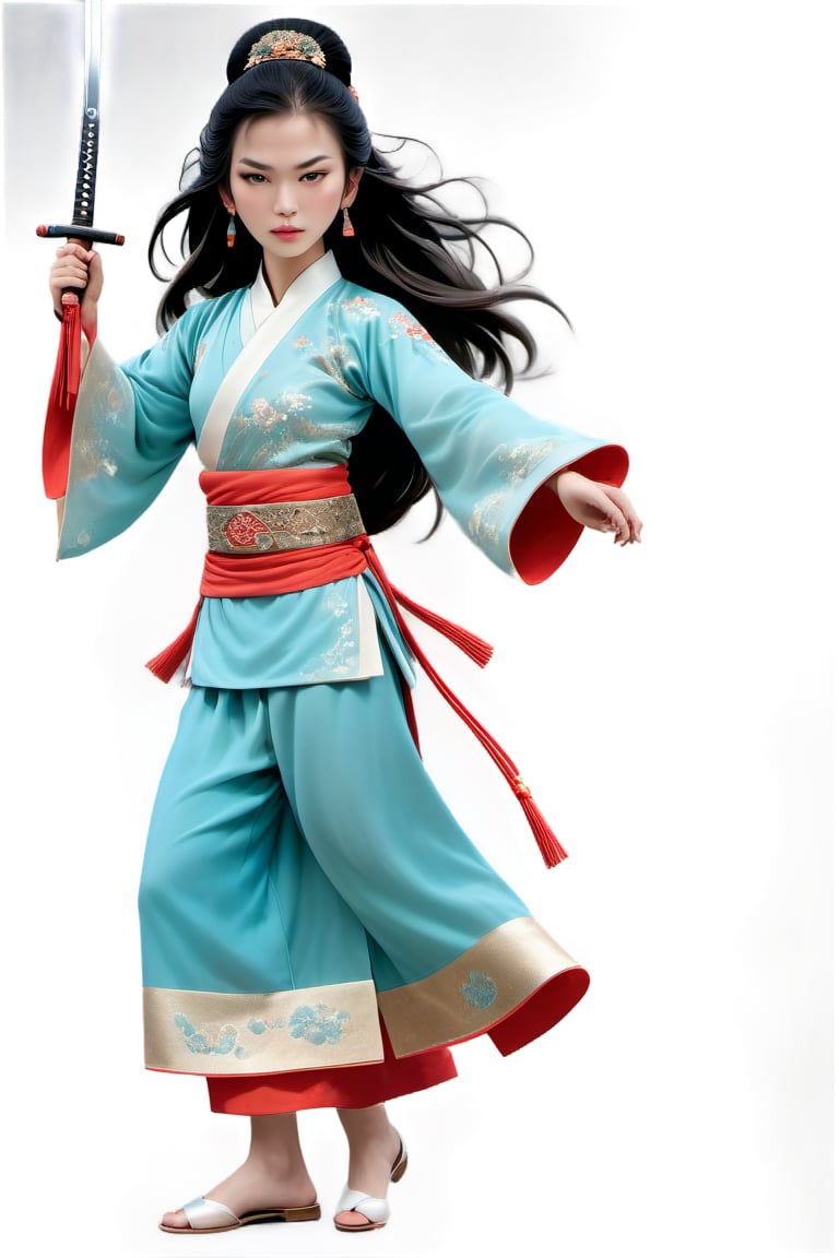 A stunning Chinese warrior stands alone, her long black hair adorned with a hair ornament and tied in a high bun. Her piercing gaze meets the viewer's as she holds a gleaming sword at her upper body level. She wears a traditional Chinese dress with flowing sleeves, a sash wrapped around her waist, and dangling earrings catch the light. A small forehead mark adds to her fierce warrior demeanor.