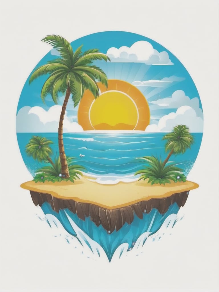 Create a mini island with a surrounding sea, the sun and a palm tree,T-shirt design