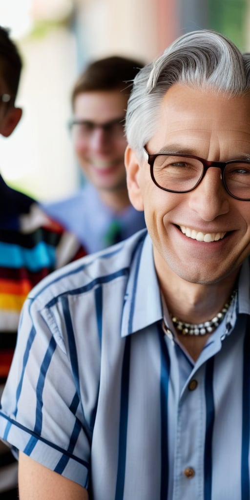 looking at viewer, smile, shirt, jewelry, upper body, grey hair, male focus, multiple boys, glasses, teeth, striped, collared shirt, necklace, grin, blurry, depth of field, blurry background, 3boys, blue shirt, striped shirt, old, old man, old woman, wrinkled skin