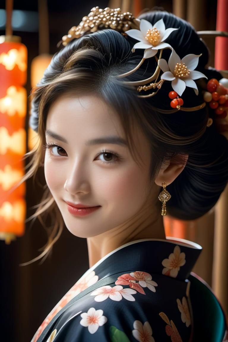 A serene, high-contrast portrait of a young woman enveloped in a majestic kimono, intricate jewelry accentuating her striking features. Softbox lighting with 4K quality diffusion creates an ethereal ambiance, emphasizing the delicate curves of her face and the subtle smile that hints at a mysterious depth. Messy hair frames her visage, while the swirling kimono unfurls around her figure against a dramatic, dark background.