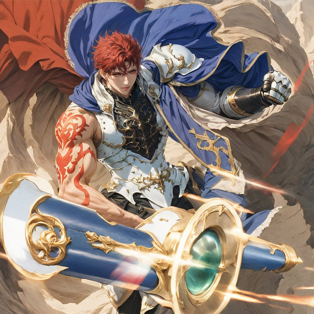 A young man with chiseled features and radiant good looks holds a massive cannon in one hand, his powerful grip a testament to his strength. His other hand clutches shut, as if grasping for something or someone. Intricately rendered red tattoos on his arms seem to pulse with an otherworldly energy, imbuing the scene with a sense of dynamic intensity.