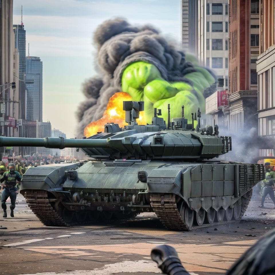 the angry incredible hulk using his powerful energy to pull the tank,realistic,riot street view with bustling atmophere, ambulance present every corner,explosion rock the city, ultra 8k detailed,master detailed,T-90M,Portrait