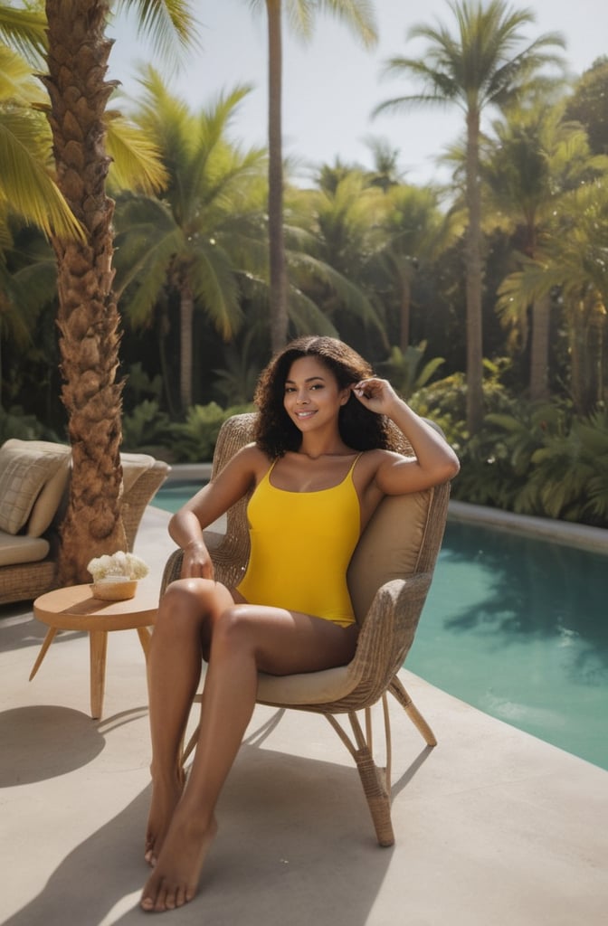 A radiant woman lounges on a sun-kissed chair, her bright yellow swimsuit glistening in the warm light. Palm trees sway gently behind her, surrounded by plush outdoor sofas and vibrant greenery. The scene exudes relaxation and indulgence, inviting viewers to step into a serene tropical oasis.