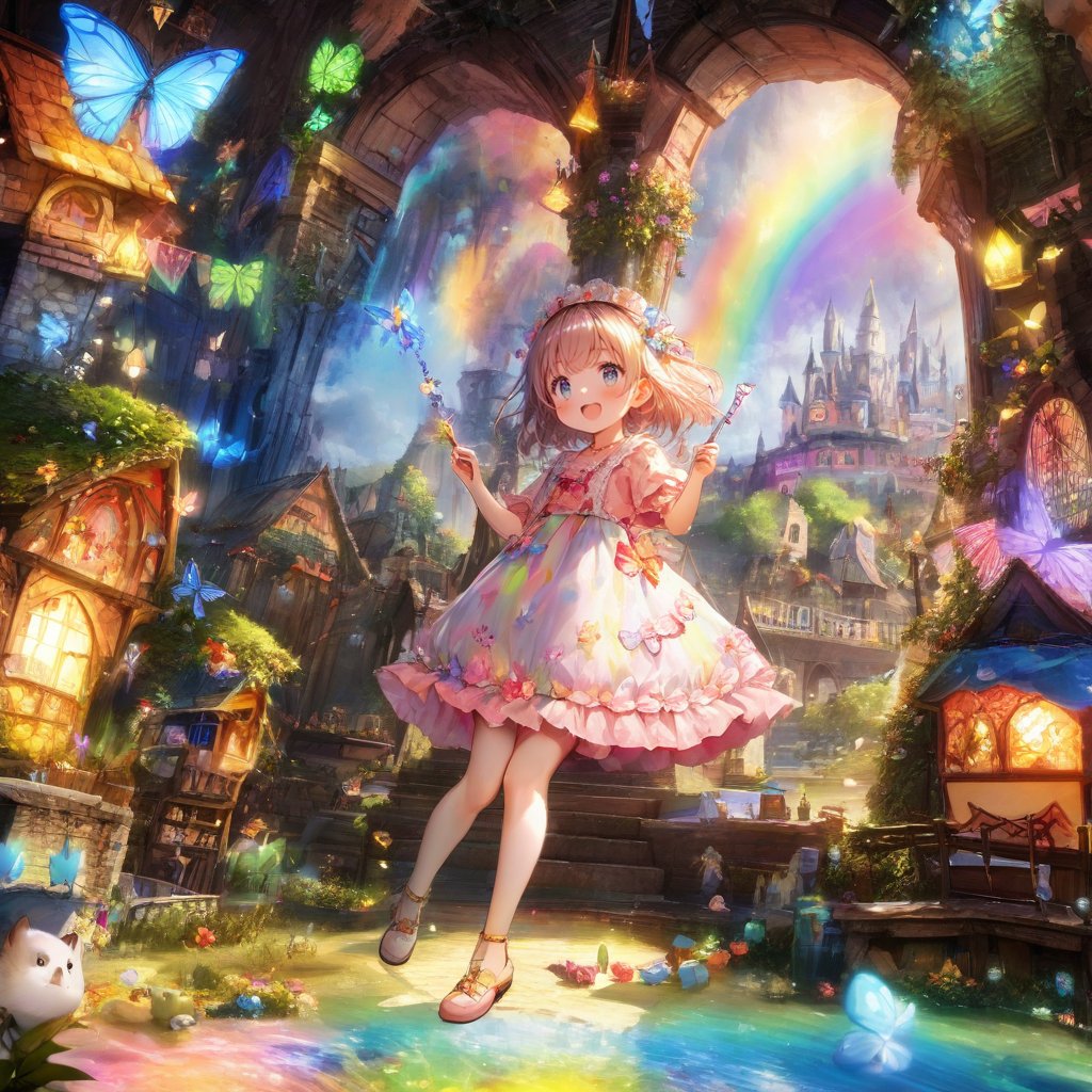 colorful and cute theme, a little girl, cute, innocent, rosy cheeks, floral dress, (sparkling headdress: 1.2), wand, (talking animal companion: 1.3), magical forest, colorful butterflies, magical creatures, (friendly dragon: 1.1), castle, rainbow, (floating fairy: 1.1), (huge lollipop: 0.9), (candy house: 1.2), (wishing well: 1.1), sparks, Happiness, Adventure (Storybook: 1.1), Fantasy, Fantasy, and Fantastic (Ray Tracing, HDR, Illusory Rendering, Reasonable Design, High Detail, Masterpiece, Best Quality, Ultra high Definition),kid_backdrop