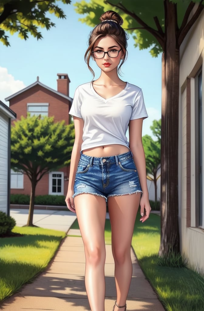 1girl, solo, long hair, brown hair, shirt, standing, full body, white shirt, outdoors, shoes, glasses, shorts, day, hair bun, tree, short shorts, black shorts, single hair bun, white footwear, grass, plant, denim, building, clothes writing, denim shorts, print shirt, photo background