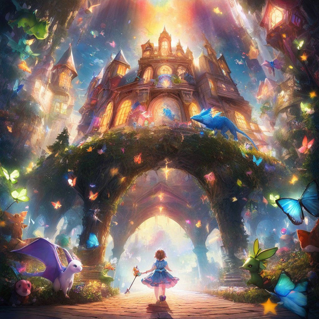 colorful and cute theme, a little girl, cute, innocent, rosy cheeks, floral dress, (sparkling headdress: 1.2), wand, (talking animal companion: 1.3), magical forest, colorful butterflies, magical creatures, (friendly dragon: 1.1), castle, rainbow, (floating fairy: 1.1), (huge lollipop: 0.9), (candy house: 1.2), (wishing well: 1.1), sparks, Happiness, Adventure (Storybook: 1.1), Fantasy, Fantasy, and Fantastic (Ray Tracing, HDR, Illusory Rendering, Reasonable Design, High Detail, Masterpiece, Best Quality, Ultra high Definition),kid_backdrop