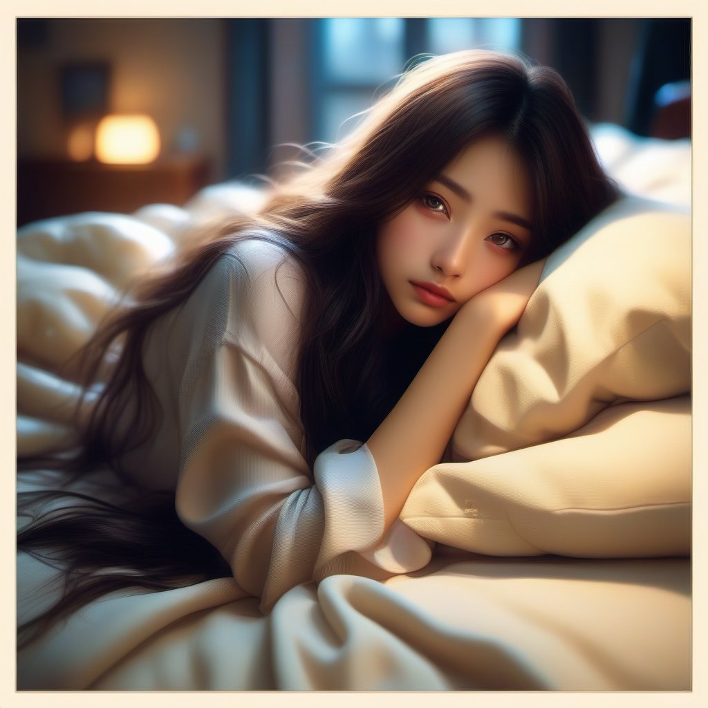 A serene Taiwanese bedroom scene: A young girl with long, dark hair lies on a plush pillow, her bangs framing her heart-shaped face, warm brown eyes gazing directly at the viewer. Soft lighting casts a cozy glow on her peaceful slumber, illuminating her casual shirt and bedsheet against a subtle, cream-colored backdrop.