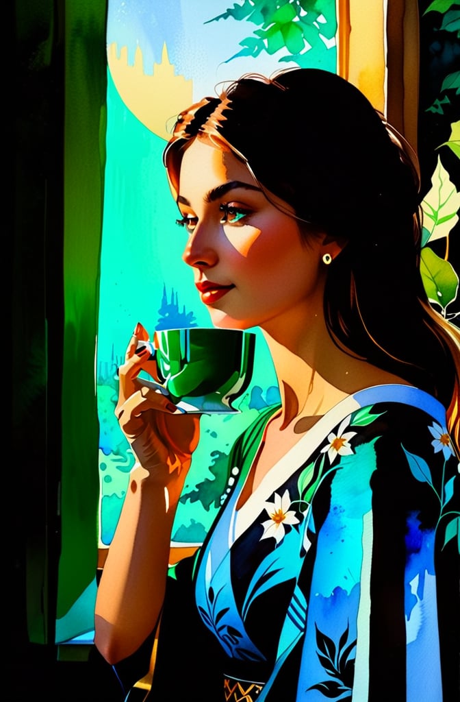 A serene watercolor painting, from Fedya's imagination, captures a close-up portrait of a young woman dressed in a Bulgarian folk costume, sipping tea from a delicate cup. She enjoys the view of vibrant green leaves framed by a minimalist glass window, allowing the warm sunlight to filter through and cast a gentle glow on her delicate features. The intricate details of the leaves and the woman's face are highlighted by this golden light. The backdrop reveals a harmonious blend of nature and modern architecture, with towering structures peeking through the greenery. The overall atmosphere evokes a sense of calm and unity between the natural world and the urban environment, which makes this picture a true work of art, painting, illustration and the beauty of Bulgaria.