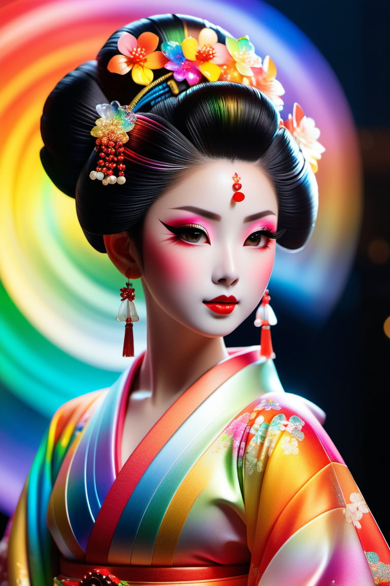 Captured in a mesmerizing prism-like lighting, an ultra-realistic and extremely detailed glass-made Oiran girl emerges, her transparent figure illuminated by a stunning rainbow-colored glow. Wearing a luxurious high-tech kimono, she walks with elegance, as if dancing on air. Stardust particles swirl around her, accentuating the ethereal quality of this enchanting scene.