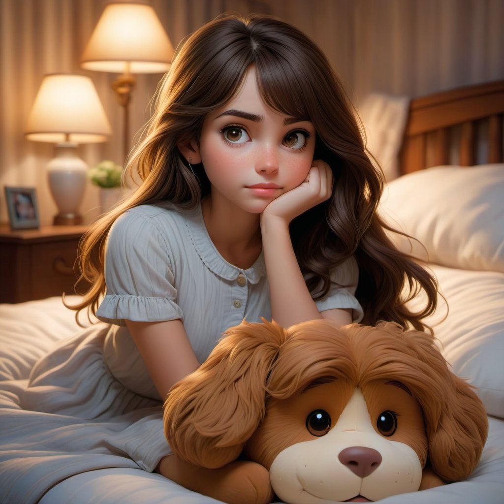 A young girl with long, dark hair cascading down her back lies on a plush pillow on her bed at night. Her bangs softly frame her heart-shaped face as she gazes directly at the viewer with warm, brown eyes. A delicate ring adorns her finger, and a stuffed toy rests beside her. She wears a casual shirt with short sleeves, her parted lips slightly puckered as if in thought. The soft lighting indoors creates a cozy atmosphere, emphasizing her peaceful slumber.