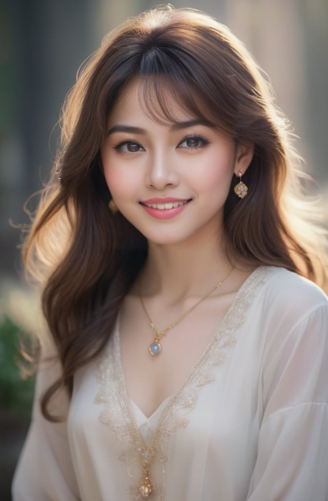 Beautiful, soft light, (beautiful and delicate eyes), very detailed, pale skin, big smile, (long hair), dreamy, medium chest, female 1, ((front shot)), bangs, soft expression, height 170, elegant , Bright smile, 8k art photo, photorealistic concept art, realistic, person, small necklace, small earrings, fantasy, jewelry, shyness, dreamy soft image, masterpiece, ultra high resolution, skirt, shirt, jacket, color , (both eyes (winds gently), (raises head slightly and looks immersed in happy thoughts),colorful,glitter