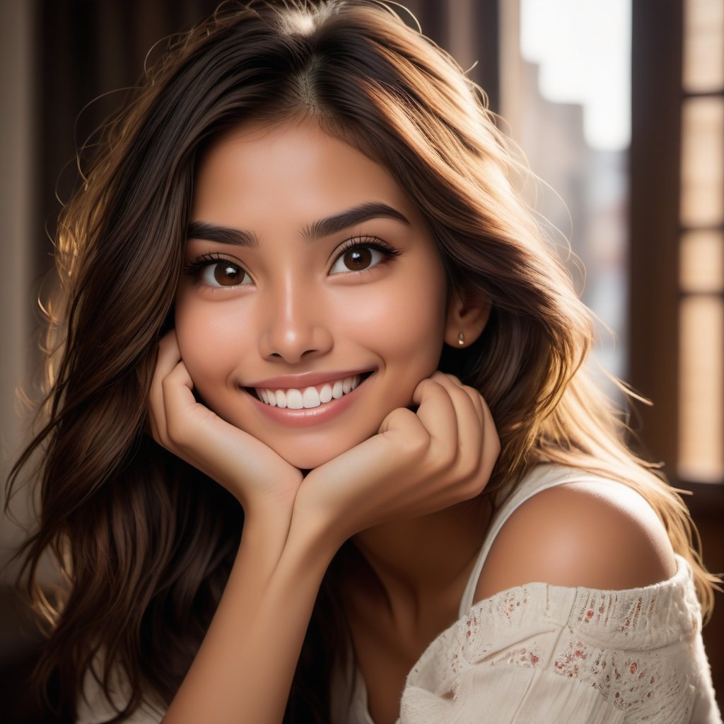 A young asian woman with long, messy brown hair and piercing brown eyes gazes directly at the viewer with a warm, inviting smile. Her lips are slightly parted, revealing a glimpse of her straight white teeth. Her black locks peek out from beneath her brown tresses, framing her face. The focus is on her upper body as she sits confidently, looking directly into the camera lens.