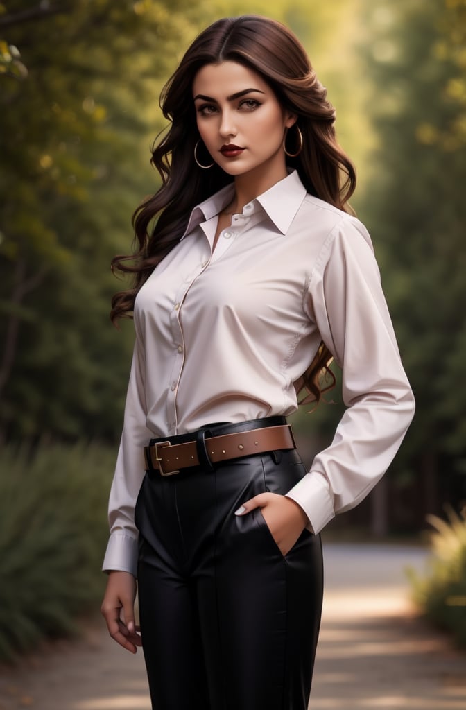 1girl, long hair, breasts, looking at viewer, brown hair, shirt, long sleeves, brown eyes, medium breasts, closed mouth, standing, white shirt, cowboy shot, outdoors, solo focus, day, collared shirt, belt, pants, blurry, lips, blurry background, wavy hair, black pants, black belt, realistic, red lips, shirt tucked in