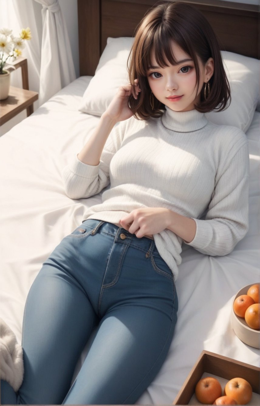 A languid young woman lies reclined on a crisp white bedspread, surrounded by the warmth of a brown wood headboard. Her long dark brown hair cascades down her back as she rests her left hand on her hip and cradles her right hand on her crown. A white turtleneck sweater hugs her torso, paired with fitted blue jeans. The soft lighting casts a gentle glow, accentuating the curves of her relaxed pose.