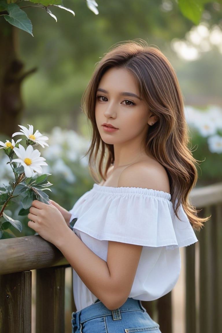 1girl, solo, long hair, brown hair, shirt, hair ornament, brown eyes, white shirt, flower, short sleeves, outdoors, day, artist name, signature, hair flower, off shoulder, blurry, tree, lips, blurry background, denim, watch, realistic, fence, railing, off-shoulder shirt, wristwatch, head wreath,xxmix_girl