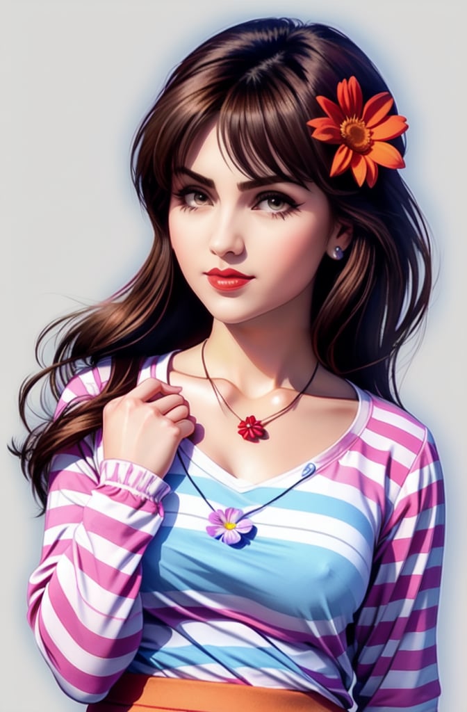 1girl, solo, long hair, looking at viewer, smile, brown hair, shirt, long sleeves, brown eyes, jewelry, upper body, flower, striped, necklace, book, leaf, white flower, red flower, pink flower, blue flower, striped shirt, yellow flower, purple flower, orange flower