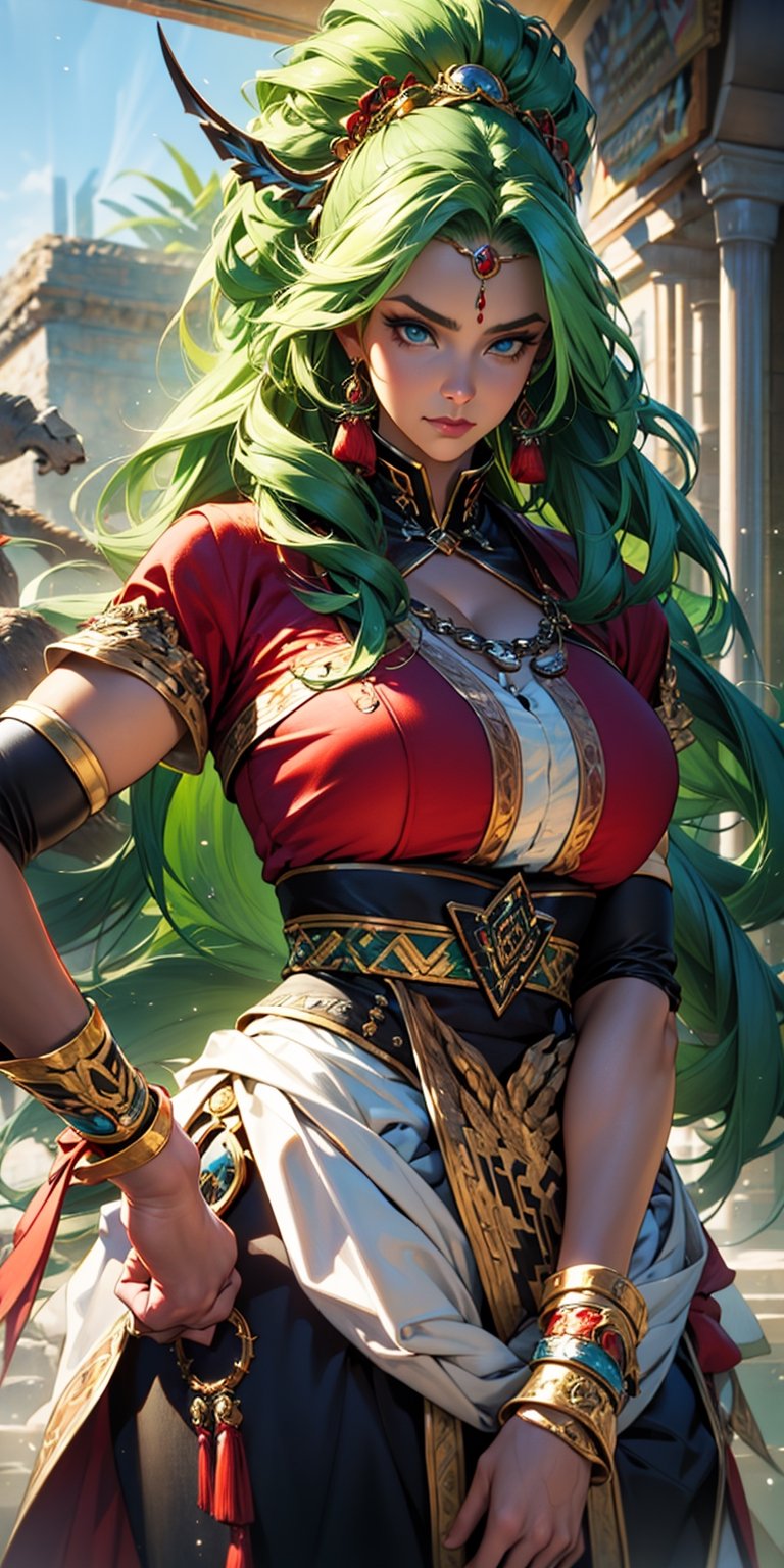 ((masterpiece, best quality))More Detail,Beautiful amazon warrior with long green  hair