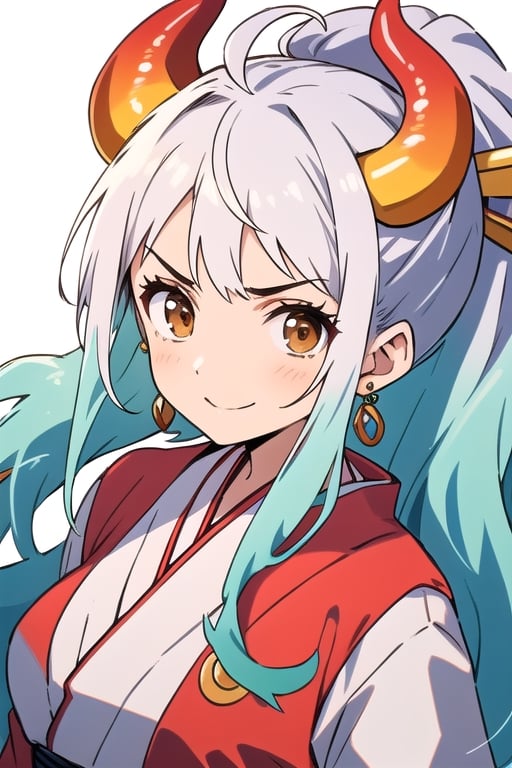 yamato, ahoge, aqua hair, (brown eyes:1.5), curled horns, earrings, green hair, grey hair, hair ornament, hair stick, high ponytail, horns, long hair, multicolored hair, multicolored horns, oni, red horns, shimenawa, sidelocks, v-shaped eyebrows, very long hair, 