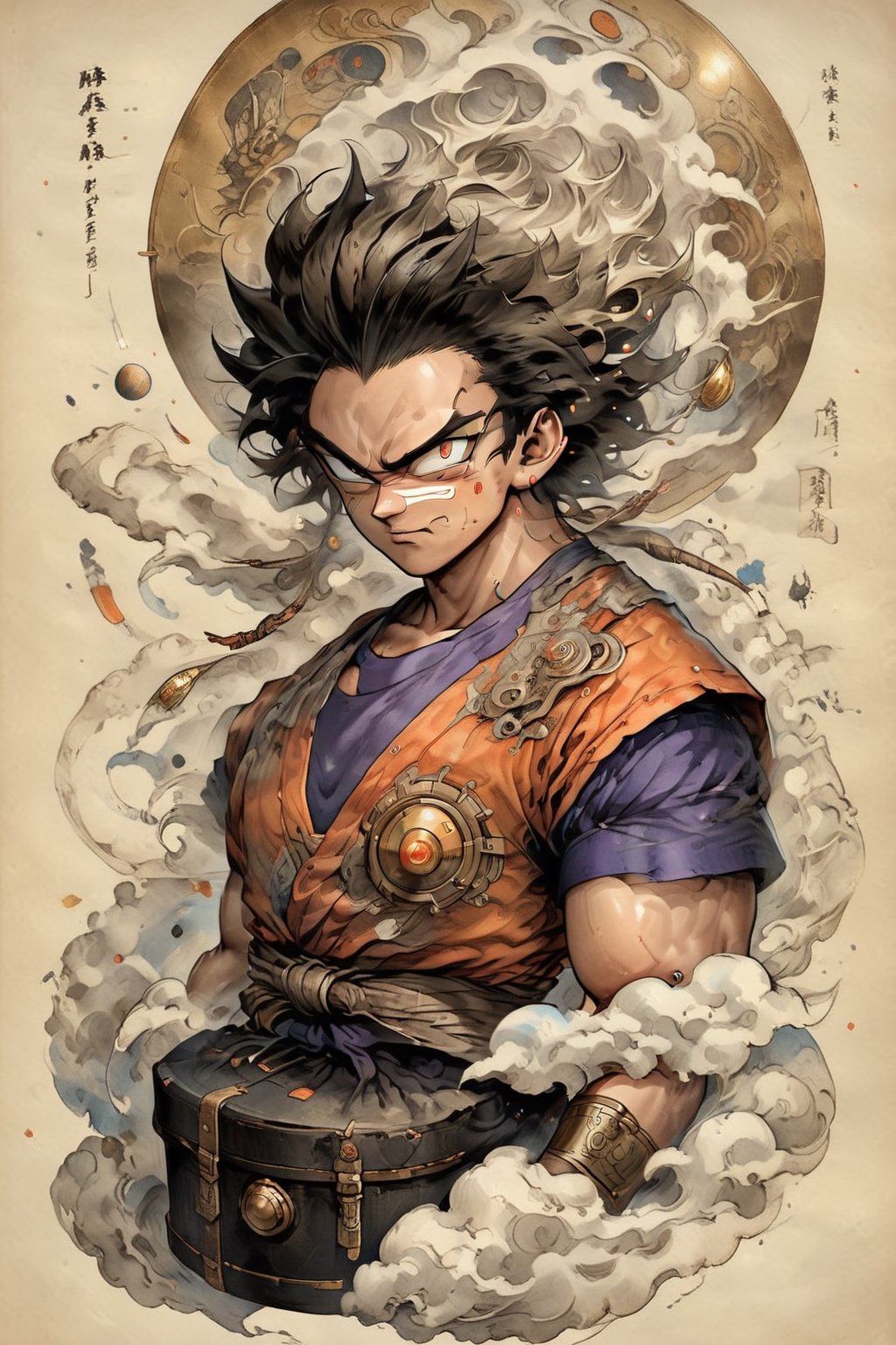 ((masterpiece, best quality))Trunks ((dragon ball anime)),sakaba,steampunk style,tshirt design,on parchment,mythical clouds