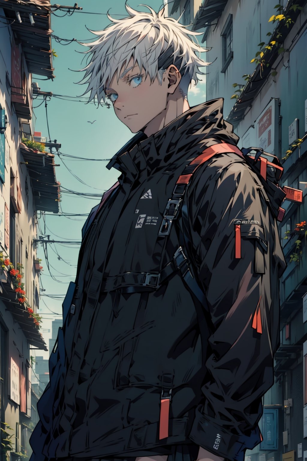 ((masterpiece, best quality)),SATORU GOJO,satoru gojo,urban techwear,bright blue eyes