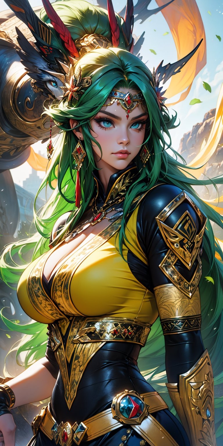 ((masterpiece, best quality))More Detail,Beautiful amazon warrior with long green  hair