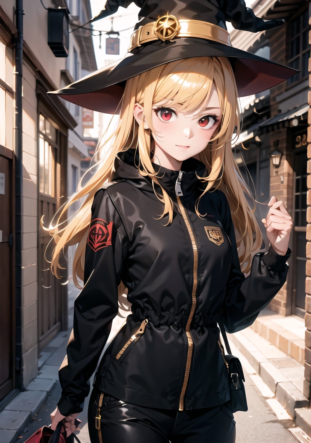 Red eyes, evil, golden, shiny, gold hair,High detailed ,midjourney,perfecteyes,Color magic,urban techwear,hmochako,better witch,witch, witch