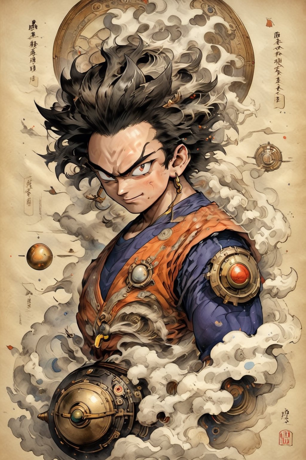 ((masterpiece, best quality))((dragon ball anime characters)),sakaba,steampunk style,tshirt design,on parchment,mythical clouds