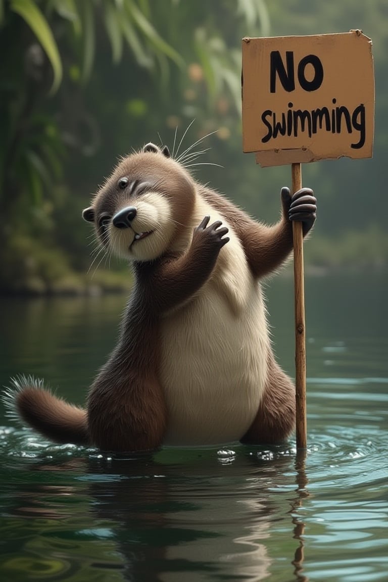 funny animals, Midjourney style, Photorealism, Cinematic style, high fidelity, realism, chiaroscuro, play of shadow and light, rays of light.
A playful otter floats on its back in a river, holding a sign that says "No swimming."