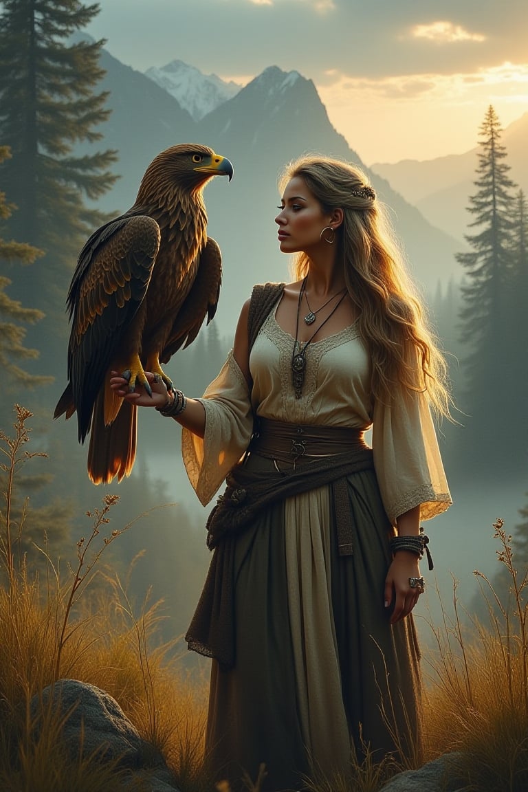 Midjourney, Midjourney style, Super HD, hyperquality, hyper-realistic, 
A captivating scene featuring a young woman with an eagle perched on her arm. The woman stands gracefully, dressed in rustic yet elegant attire that suggests a connection with nature. The eagle, majestic and powerful, sits calmly on her outstretched arm, its sharp eyes and detailed feathers depicted with precision. The background shows a serene natural setting, perhaps a forest or a mountainside, with the soft light of dawn or dusk adding a magical quality to the scene. The bond between the woman and the eagle is evident, evoking a sense of harmony and strength.