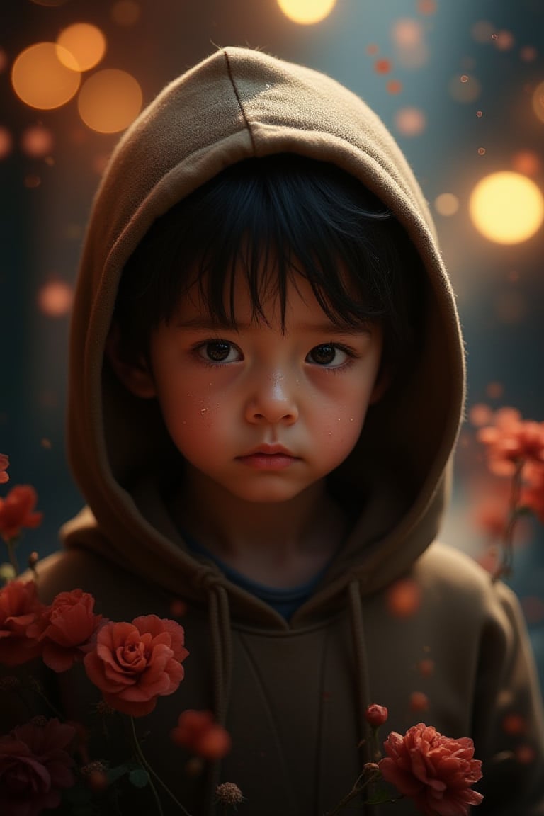 Abstract Lighting Effects, flowers, patterns, Midjourney style, Photorealism, Cinematic style, high fidelity, realism, chiaroscuro, play of shadow and light, rays of light.
"A close-up portrait photograph of a young child with expressive, watery eyes and an expression of sadness or fear. The child is wearing a brown hoodie over his head and is standing in a dimly lit urban environment with the blurry city lights glowing warmly in the background. The lighting is soft, highlighting the child's smooth skin and tear-stained cheeks. The overall mood is emotional and touching, focusing on the child's innocence and vulnerability, framed by the subtle bokeh effect of the background."

