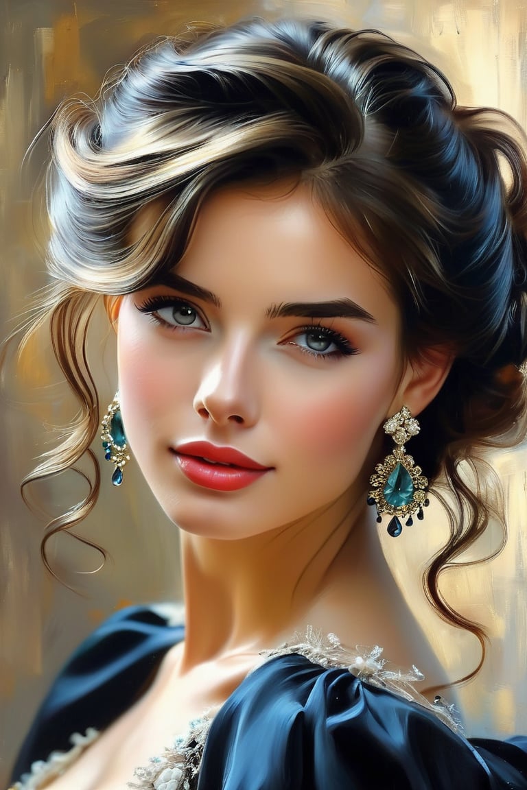 Close-up, half body of a beautiful woman, dark tousled hair pinned up in a vintage dress, large earrings, on canvas, hyper realistic oil painting, visually stunning, realistic oil painting, trending on Artstation, hyper quality, ultra detail, Charlie Style Bowater, Konstantin Razumov, Vladimir Volegov, Studio Ghibli Genshin Impact