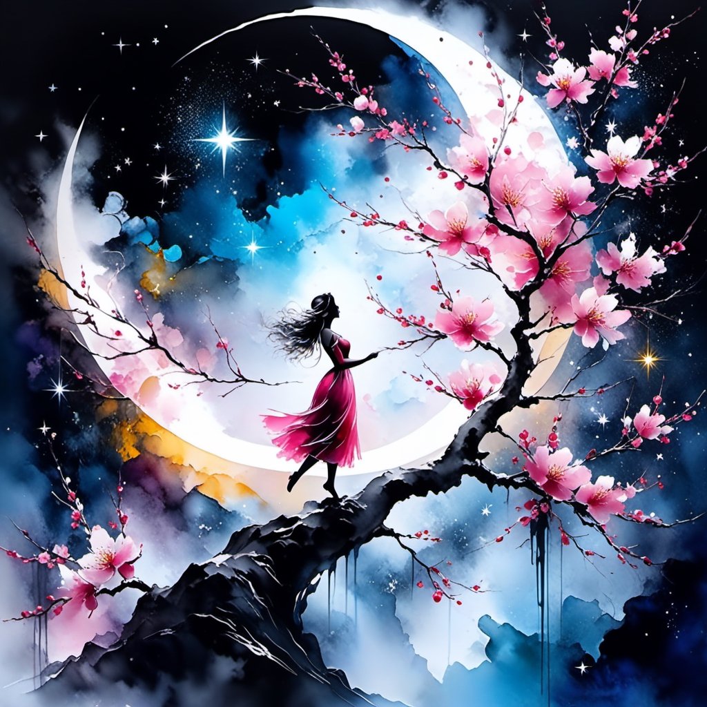 8k, RGB, HDR,  oil paints, watercolors, bright saturated colors,
Anna Razumovskaya, Jarek Kubicki, Aleksi Brilo, Darek Zabrotsky, Sakimichan, Loisch, Aminola Rezai, 
 a midnight splash art black and white ink drawing of a pink cherry blossom tree on top of a blue crescent moon surrounded by stars magic and sparks extreme detail intricate motifs luminism, ultra highly detailed, 32 k, Fantastic Realism complex background, dynamic lighting, lights, digital painting, intricated pose, highly detailed intricated