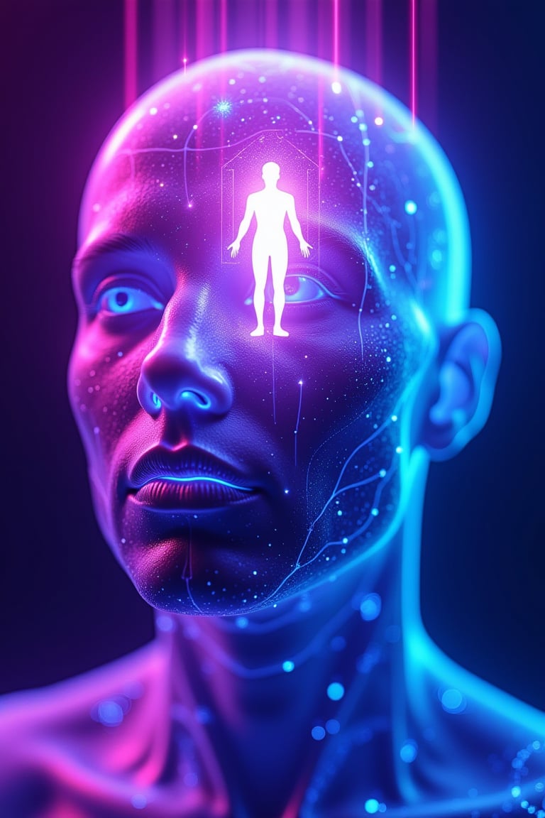 Cinematic, Beauty, Realism, Light and Shadow, Cinematography, Film Stills, "A futuristic digital portrait of a human face with a glowing, translucent head. Inside the head, a smaller, radiant humanoid figure is floating, symbolizing consciousness or a higher self. The image is illuminated by vibrant neon lights in shades of purple, blue, and pink, creating an ethereal, otherworldly atmosphere. The overall style is a blend of sci-fi and surrealism, with a focus on high-definition digital art, intricate details, and a glowing aura."
