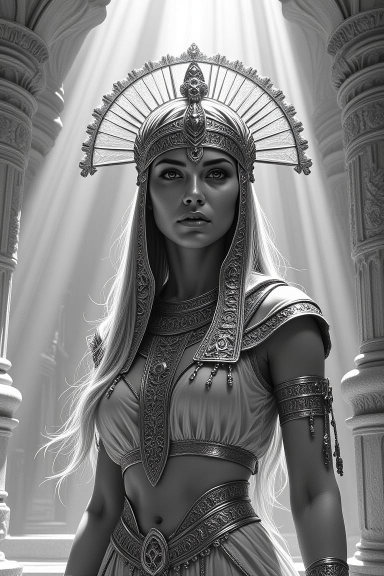 Cinematic style, realism, cinematic quality, rays of light, play of shadow and light, Beauty,
(Pencil Sketch:1.2), of a woman wearing a headdress, pharaoh, vector art style, by Aleksander Orłowski, (by greg rutkowski and magali Villeneuve:0.3)