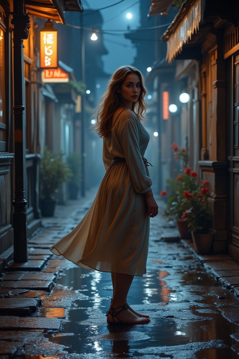 Beauty, realism, cinematography, chiaroscuro, rays of light, play of shadow and light, cinematic quality, drawing with dry chalk, Pastel, Cinematic style, 
Beautiful young girl looking over her shoulder while walking through street puddles on a rainy night