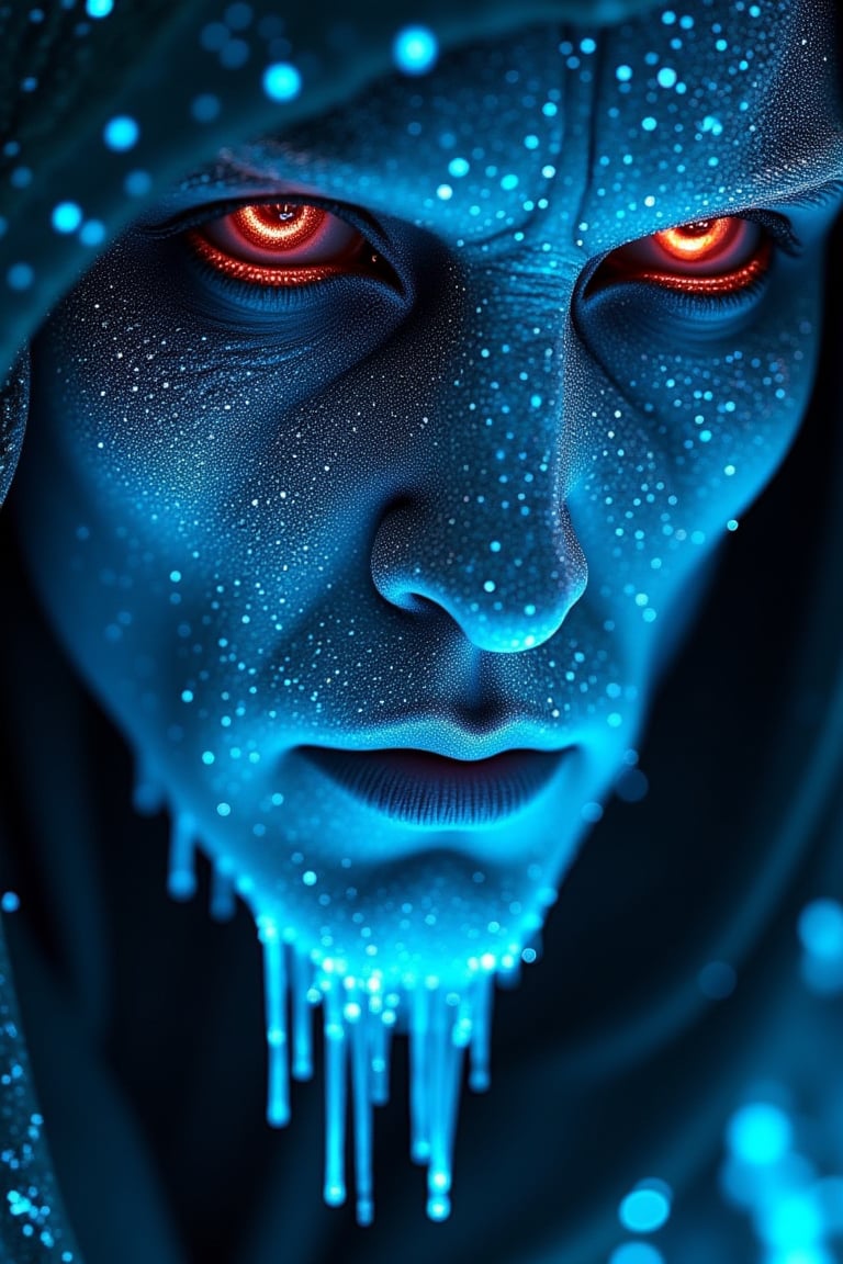 Beauty, realism, cinematography, chiaroscuro, rays of light, play of shadow and light, cinematic quality, drawing with dry chalk, Pastel, Cinematic style, 
A symmetric portrait of a male, evil frozen necromancer, features dissolving into frozen magic thin, luminescent blue lines. Weighted Voronoi stippling and laser caustics create a network, transitioning from hyperrealistic detail to abstract, quantum-inspired forms. Ethereal hues blend, evoking existential transition and mystery. Close-up on face, evil skull partially visible. Set against a twilight arctic backdrop, icy winds ripple through his tattered robes. Rendered in a fusion of photorealism and digital surrealism, the scene is illuminated by ghostly Northern Lights. Emphasis on cold, menacing atmosphere, invoking Nordic myths