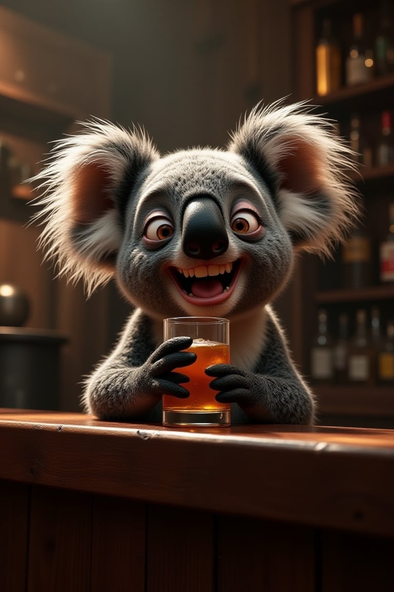 funny animals, Midjourney style, Photorealism, Cinematic style, high fidelity, realism, chiaroscuro, play of shadow and light, rays of light.
ArsMJStyle, a koala in a bar, bar background, indoors, sitting at counter, only upper body visible, looking at viewer, laughing, paw on counter, holding glass of whiskey.