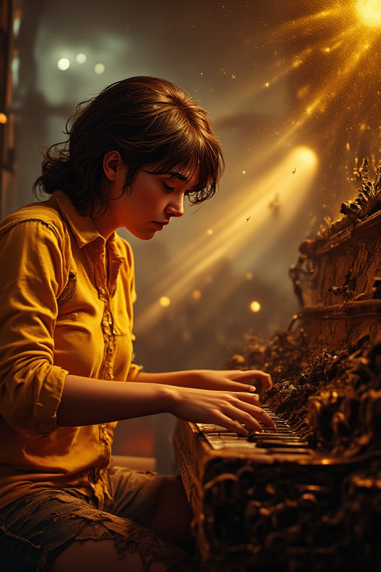 Midjourney style, illustration, Cinematic style, high fidelity, realism, chiaroscuro, play of shadow and light, rays of light
yellow shirt, a taller dusty upright piano, children story illustration, warm, no music book