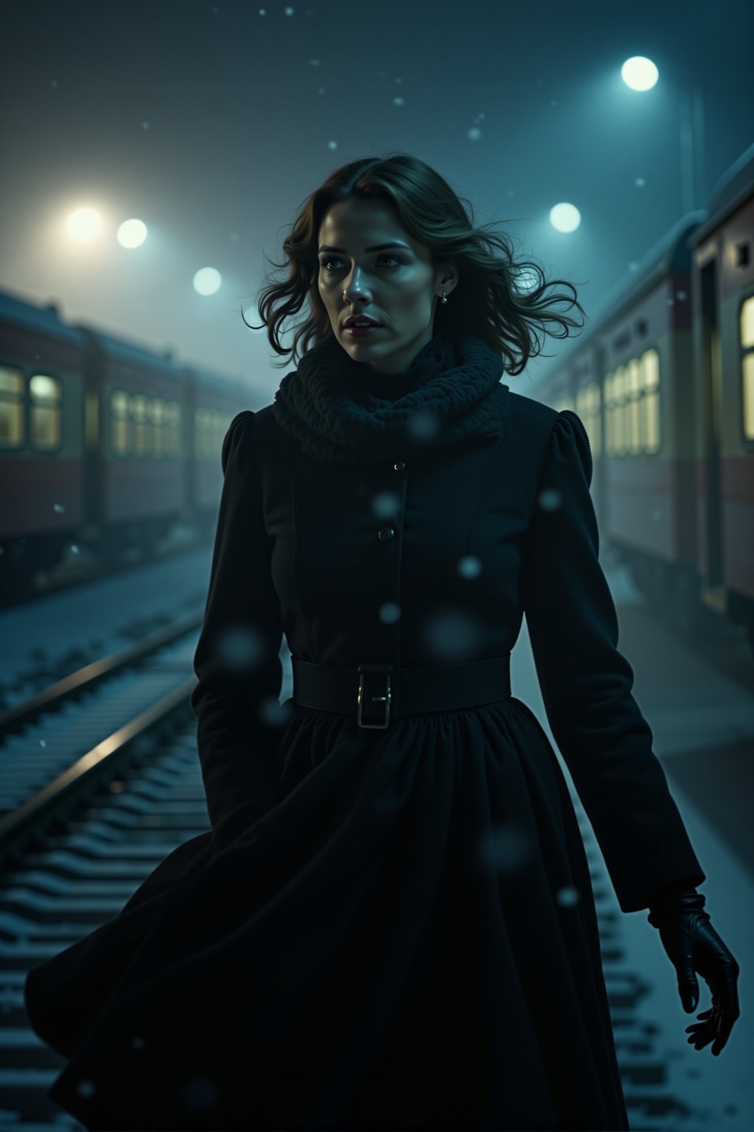 Midjourney style, cinematic style, high quality, realism, chiaroscuro, still film, realism, 
"An emotional and dramatic scene depicting the final moments of Anna Karenina from Leo Tolstoy's novel. Anna stands on the edge of a train platform, her face illuminated by the glow of the distant train headlights approaching through a misty, cold Russian night. Her expression is a mix of despair and resolution, as the wind tugs at her elegant yet disheveled dress, symbolizing her inner turmoil. Snow gently falls around her, adding to the melancholic atmosphere. The world behind her fades into a blur, reflecting the isolation and sorrow of her decision. Dark, moody tones with soft lighting evoke the tragic beauty of her fate."







 
  

  
