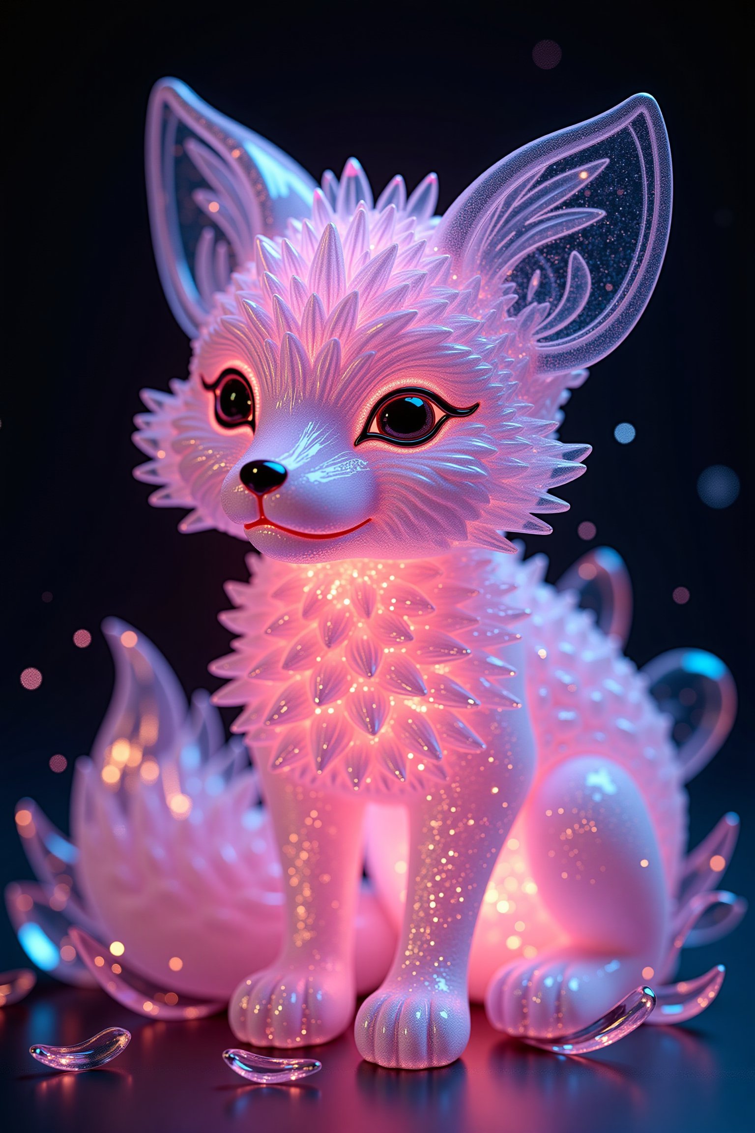 Midjourney style, cinematic style, high quality, realism, chiaroscuro, still film, realism, 
A hyper-realistic digital artwork of a delicate and transparent vermilion crystal glass sculpture of a baby fox filled with bioluminescent flowers, artistic, sparkling dynamic colors, glitter, luminous opalescent, insanely detailed beautiful fox crystallized, meticulously detailed filigree fox, hypermaximalist bioluminescent glowing fox, shimmering, sparkling, extreme contrast and saturation, underwater particles, magical fantasy artwork, ultra high quality




 
  

  




 
  

  
