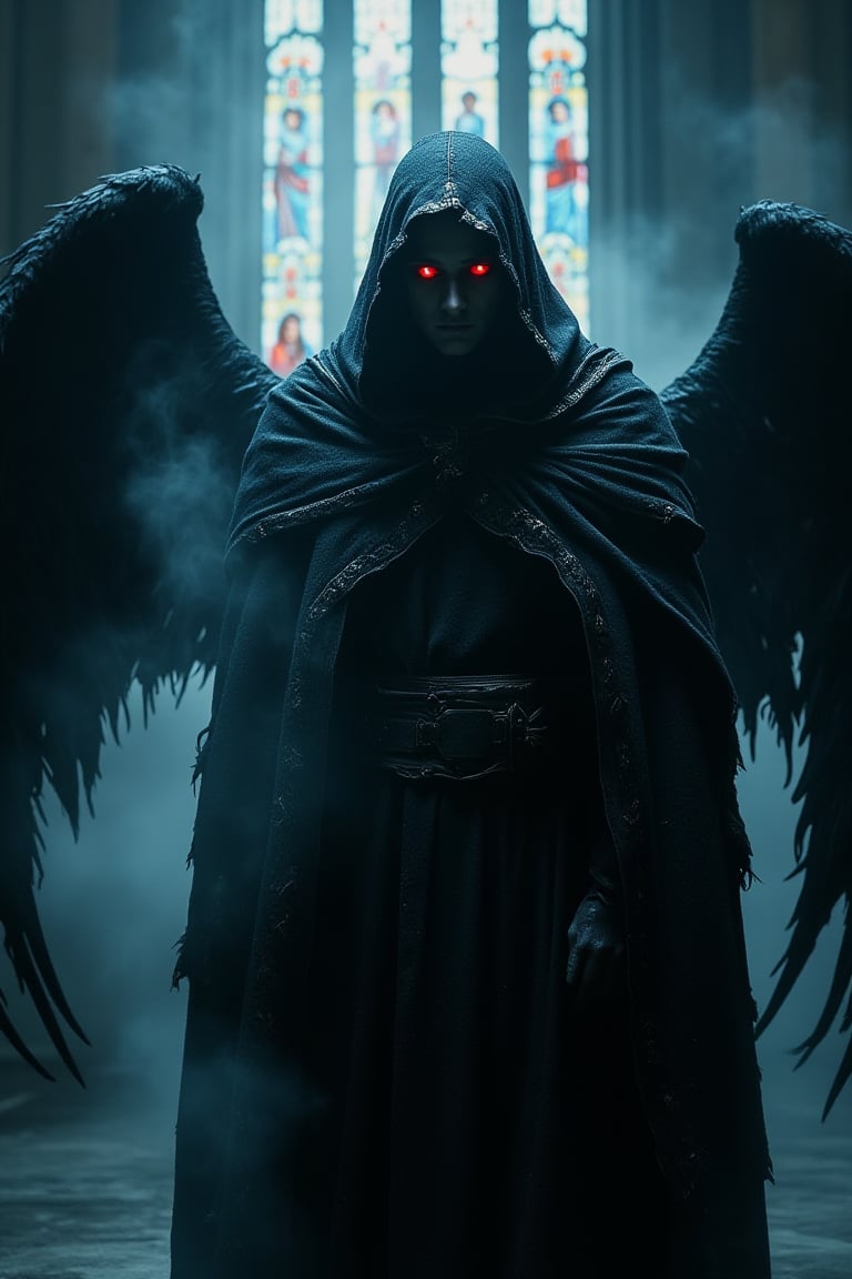 Cinematic, High Quality, Beauty, Realism, Chiaroscuro, Photorealism, Film Still,
a cinematic, high-contrast photograph of a mysterious, evil angel with piercing, crimson eyes, dressed in a flowing, tattered black hooded cloak with intricate, silver trim, standing in a dimly lit, Gothic-inspired cathedral with stained glass windows filtering shafts of eerie, blue-gray light, set against a dark, ominous, mist-shrouded background, with subtle, atmospheric smoke wafting around the angel's imposing figure, emphasizing its powerful, malevolent presence.
art by Tanya Shatseva, Gabriele Dell'otto, Andrew Atroshenko, Ross Tran, Anna Razumovskaya