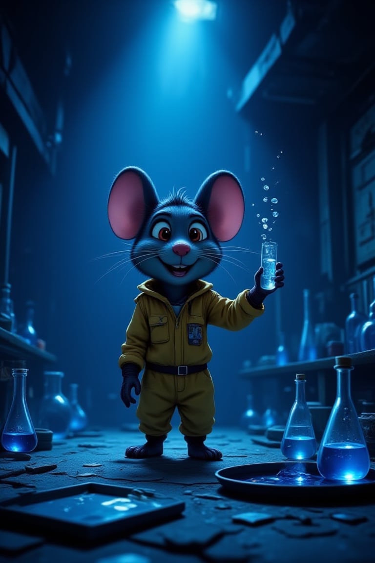 illustration, cartoon, anime, manga, drawing, 
Stylish blue glass text at the top of the frame: "LoRA for FLUX", in Disney style, happy mouse Remy from the cartoon "Ratatouille" in a hazmat suit in a dark basement. In one paw he holds a test tube with blue liquid, and in the other - a shard of blue glass. Flasks and chemical devices are everywhere on the tables. There is also a tray with blue glass. There is steam in the air through which the light shines, lighting tricks, cinematic lighting, very detailed


 

  