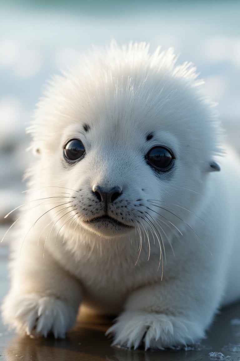 Cinematic, Beauty, Realism, Light and Shadow, Cinematography, Film Stills, Close-up, Hyperrealistic Portrait, "Close-up portrait of adorable baby harp seal, fluffy white fur, big dark eyes, cute little nose, whiskers, sitting on the beach. Soft focus with ocean in the background. Hyperrealistic, detailed fur texture, high quality nature photography style."