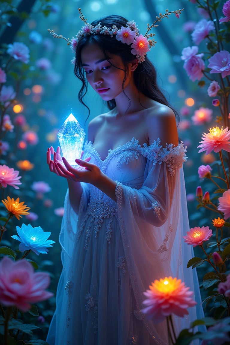 Cinematic style, realism, cinematic quality, 
close-up, ((glowwave)) visuals, bright colorpop, cinematic lighting, hypermaximalist, extremely detailed with rich color, An image of a beautiful woman, 
dressed in an ethereal gown and adorned with flowers, standing at the center of a lush garden. In her hand, she holds a glowing crystal that emits a soft light, 
illuminating her and the surrounding area. As if by magic, the flowers around her are blooming in vivid colors, creating a mesmerizing display that is both surreal 
and breathtaking