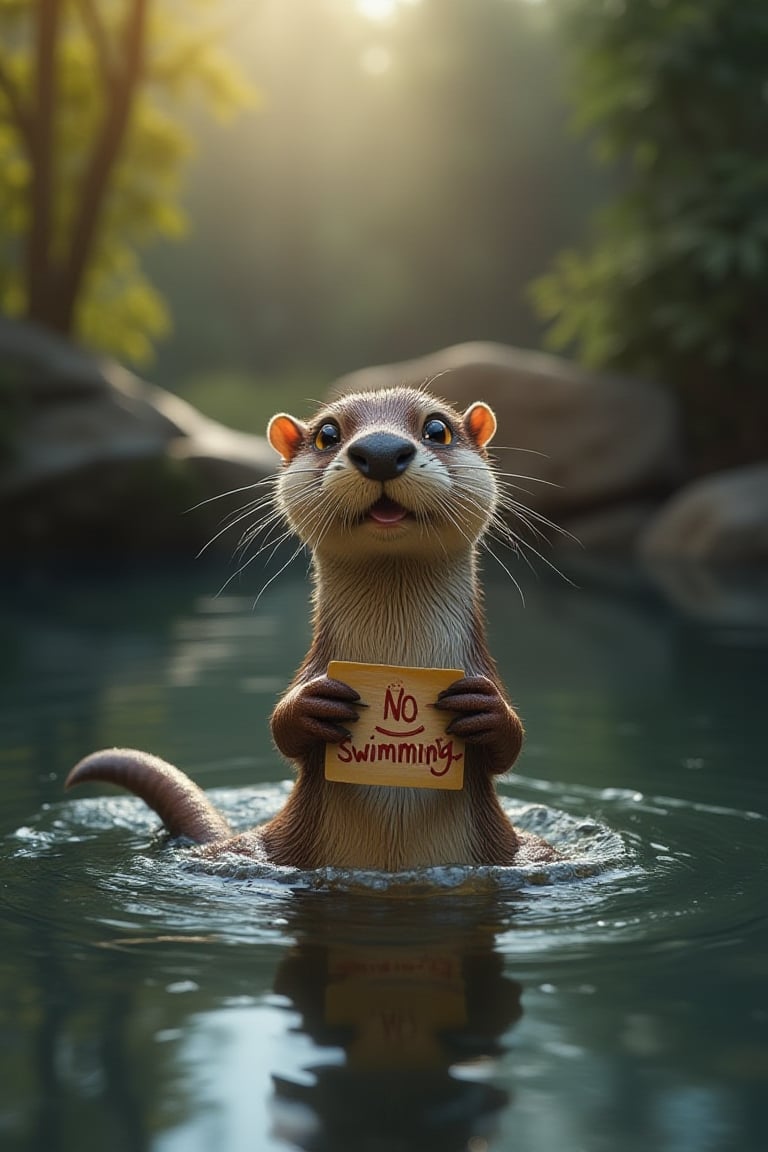 funny animals, Midjourney style, Photorealism, Cinematic style, high fidelity, realism, chiaroscuro, play of shadow and light, rays of light.
A playful otter floats on its back in a river, holding a sign that says "No swimming."