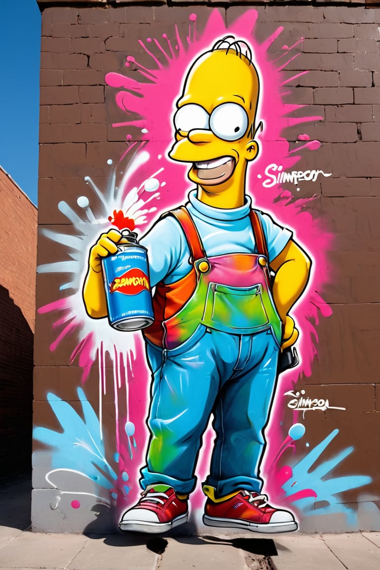 Graffiti, pastel. A vibrant street mural on a brick wall featuring a cartoonish, mischievous Simpson. Simpson is holding a can of paint and spraying it. Simpson has an exaggerated, joyful expression and is smiling widely. The background is a mix of graffiti-style elements and splashes of color, highlighting the atmosphere of urban street art.