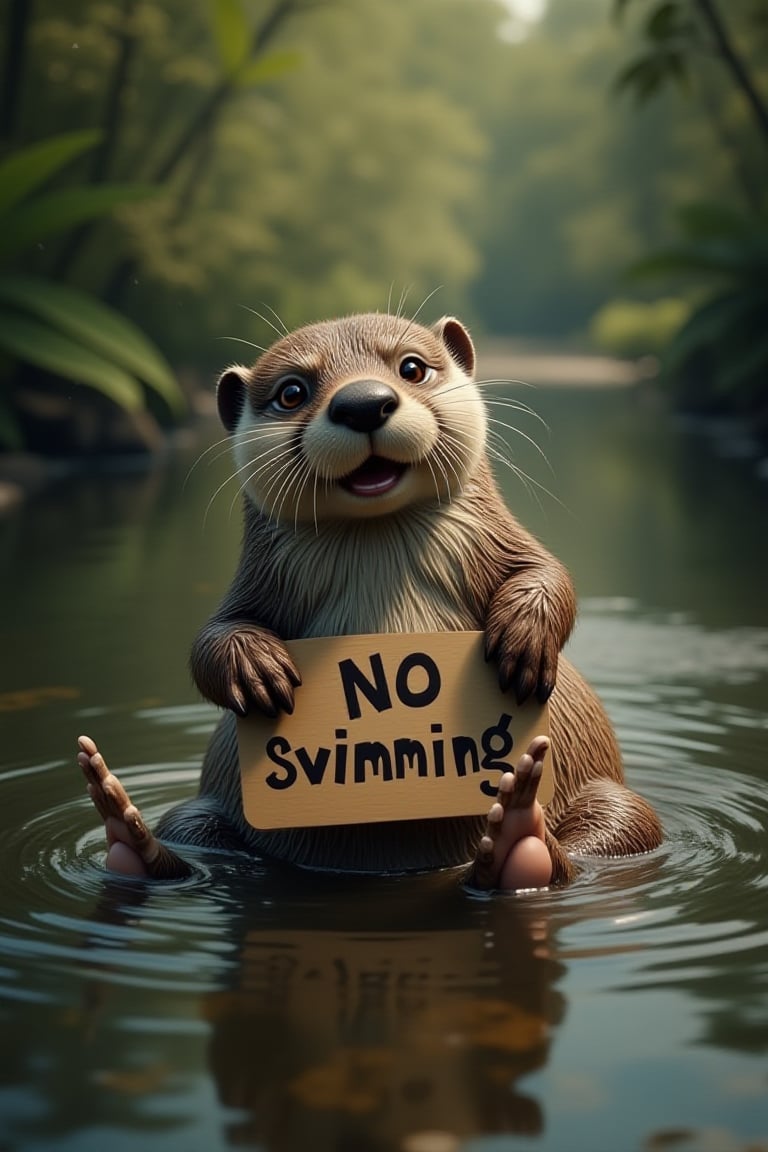 funny animals, Midjourney style, Photorealism, Cinematic style, high fidelity, realism, chiaroscuro, play of shadow and light, rays of light.
A playful otter floats on its back in a river, holding a sign that says "No swimming."