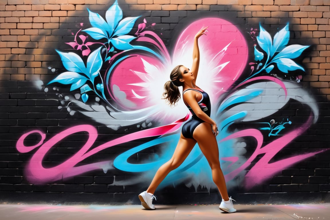 #graffiti, #graffiti on a brick wall, #spray paint on a wall, #colored graffiti, #Street art, #Spray paint, #Street canvas, #Graffiti artist, , #Graffiti art, #Spray art,
(((ivy: 1.3))) grows on a brick wall. (((Spray cans: 1.3))).Hyper realistic illustration of an Olympic champion gymnast, displaying anatomical and technical perfection, performing a compound number in rhythmic gymnastics, she starts with a ribbon, enchanting the audience, then transitions to the hoop and concludes with the clubs, attire fitting a neo-traditional leotard, colors filtering through Chronozbergh style, flirting with the boundaries of creepy and beautiful, wrapped in an atmosphere, #graffiti on brick wall, #spray painting on wall, #color graffiti, #Aerosol art