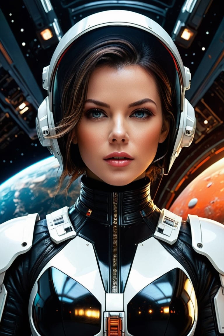 "galactic, milky way, planets, space shuttles by Android Jones and Victo ngai: Professional photography: Russ Mills and H. R. Giger: aristocratic trend on artstation volumetric lighting maximalist photo illustration 8k resolution concept art intricately nobly detailed, sci-fi, realistic", close-up portrait photo Kate Beckinsale, busty, film, studio lighting, detailed skin, ultra realistic, bokeh, sharp facial features, centered, symmetry, painted, intricate, volumetric lighting, beautiful, rich deep colors masterpiece, sharp focus, ultra detailed, in the style of dan mumford and marc simonetti