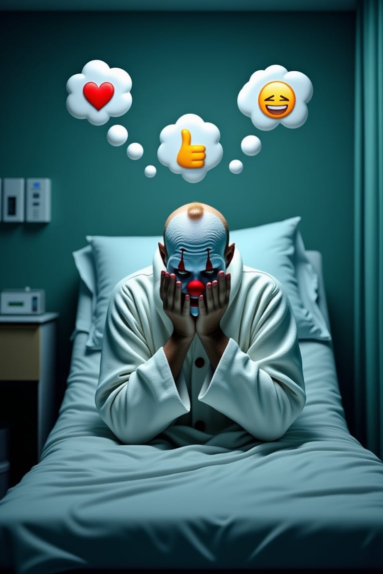 A depressed, sad, run-down, scary clown wearing a white bathrobe is sitting on a bed in a hospital room. He is leaning forward with his hands covering his face.
The image looks photorealistic with great attention to detail. At the top of the image are 3 thought bubbles coming from the clown: one has a heart emoji, a thumbs up emoji, or a laughing emoji



